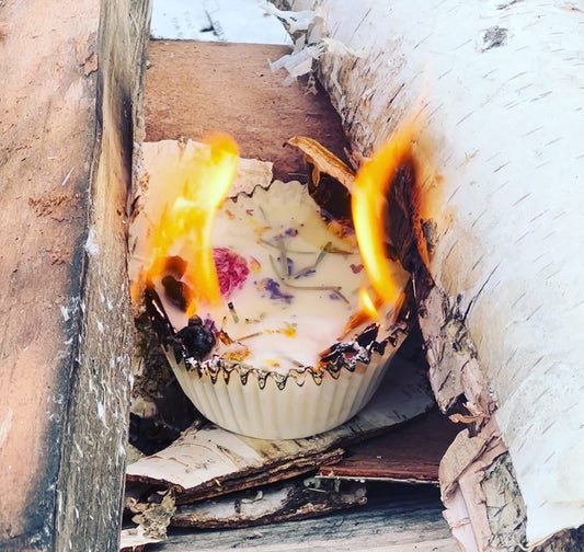 Wax Fire Starter burning in Pile of Wood